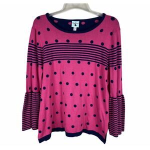 Haley and The Hound NWT Fuchsia & Navy Polka Dot & Stripe Bell-Sleeve Sweater XL